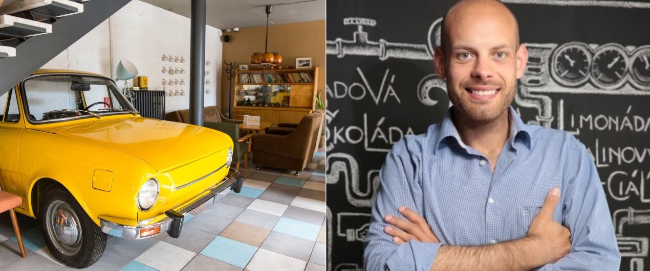 Retro podnik v Bratislave. Priestoru ich kaviarne kraľuje žltá Škoda 100 v novom laku 