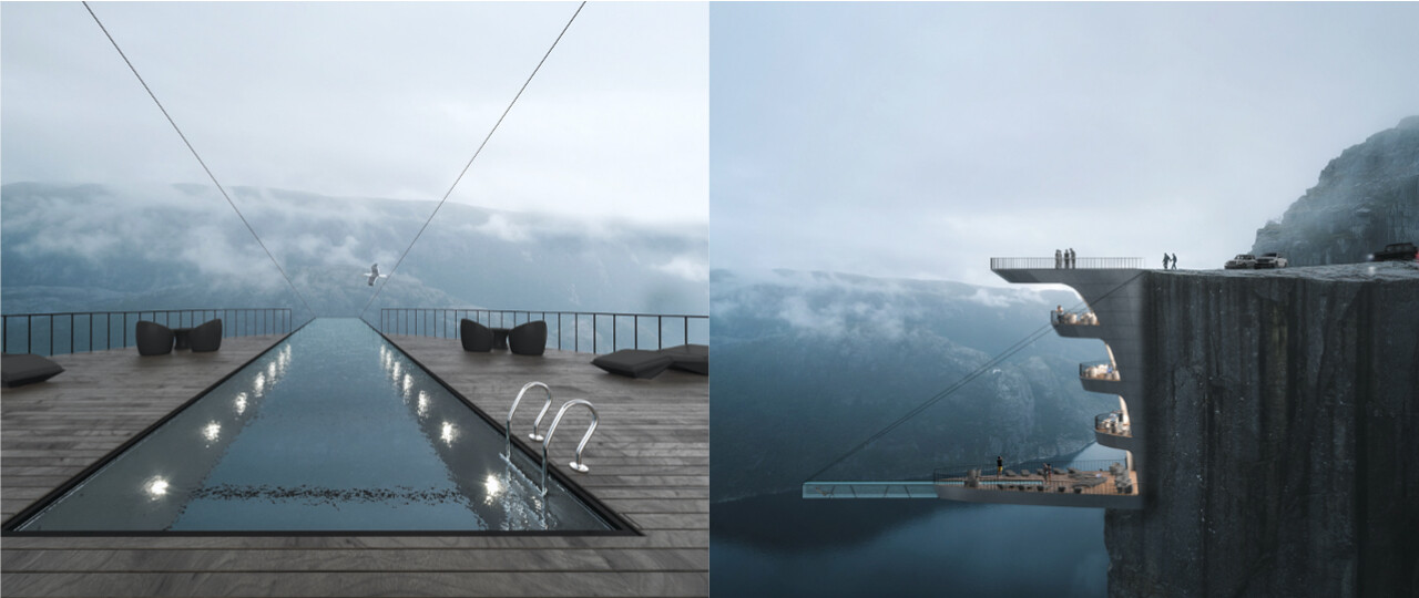 Hotel na nórskom útese Preikestolen. Súčasťou netradičného konceptu je i bazén nad fjordom