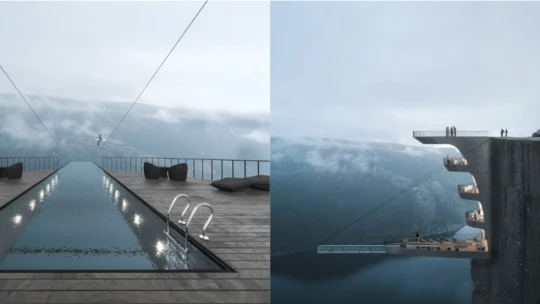 Hotel na nórskom útese Preikestolen. Súčasťou netradičného konceptu je i bazén nad fjordom