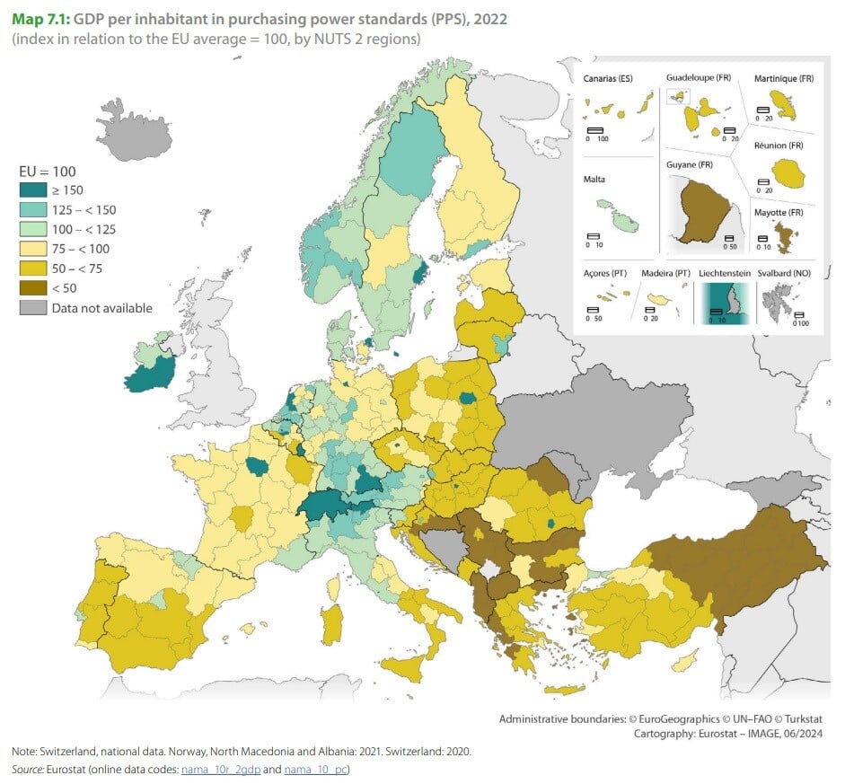 Mapa zobrazuje HDP na obyvateľa v parite kúpnej sily.