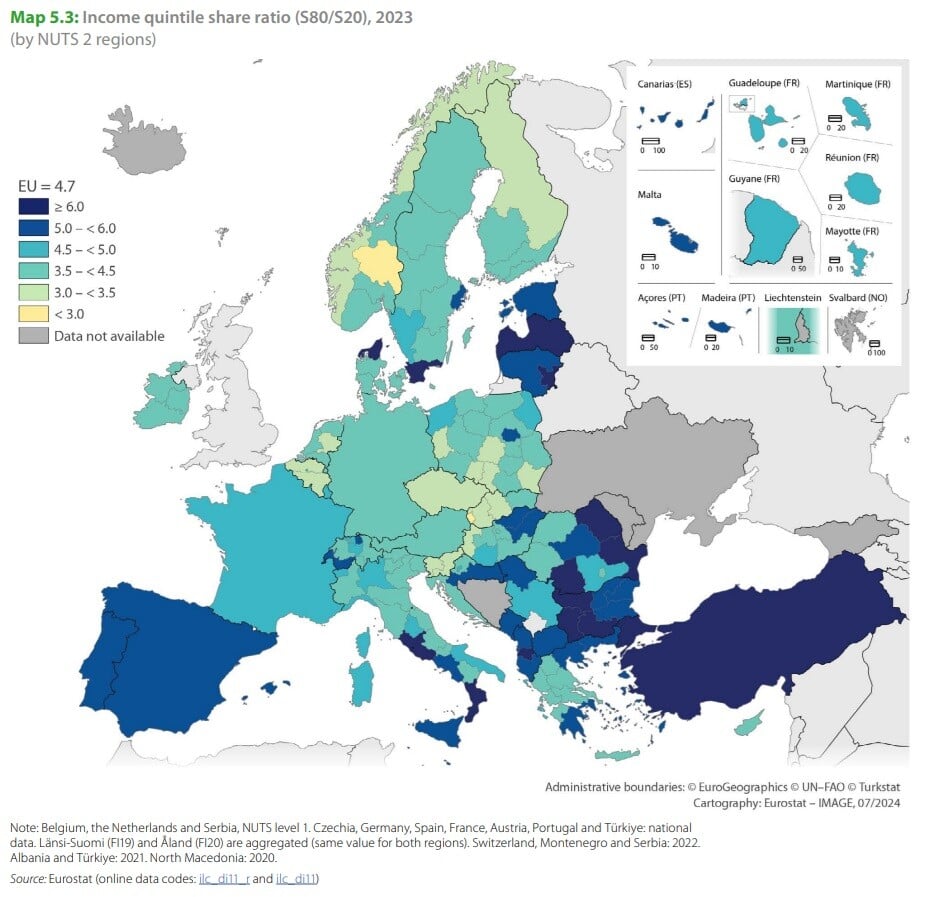Mapa zobrazuje príjmovú rovnosť v EÚ. 