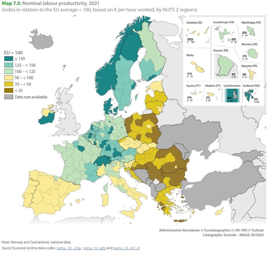 Mapa zobrazuje produktivitu práce.