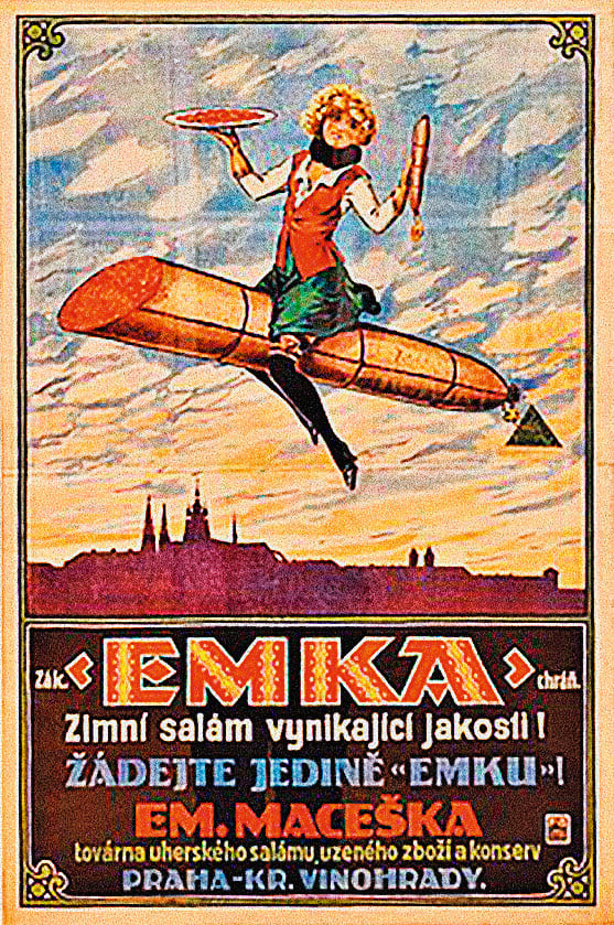 Dobová reklama Maceškovej značky EMKA ponúkala uhorskú „zimnú“ salámu. V roku 1923 postavil Maceška i veľkú továreň na výrobu salámy. Foto: Wikimedia Commons