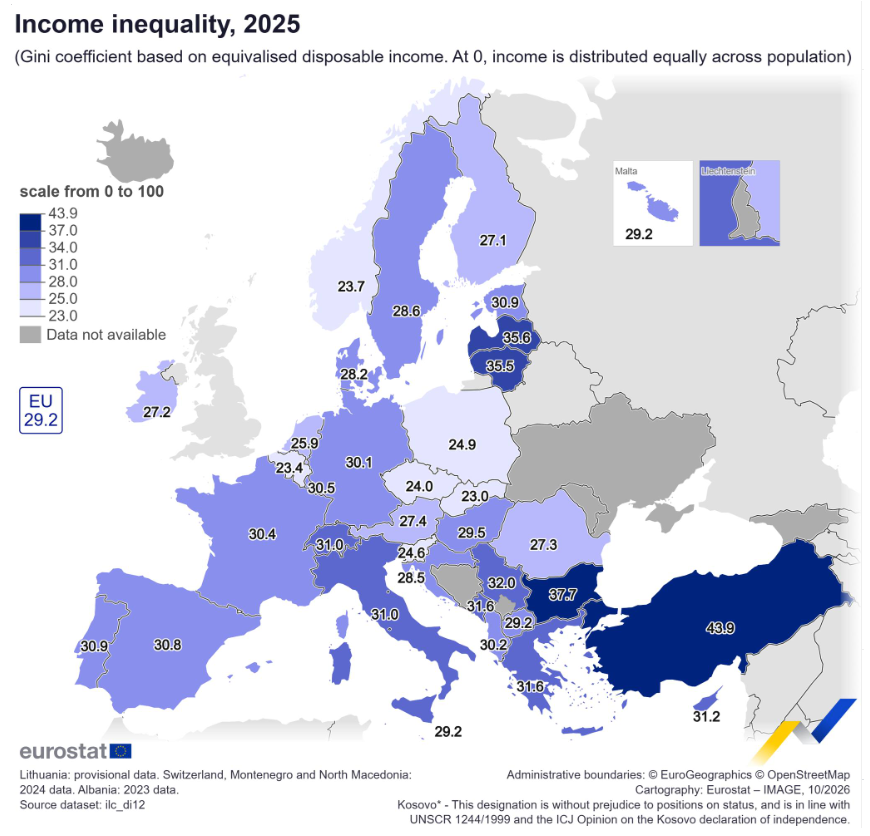 Európske krajiny podľa príjmovej nerovnosti